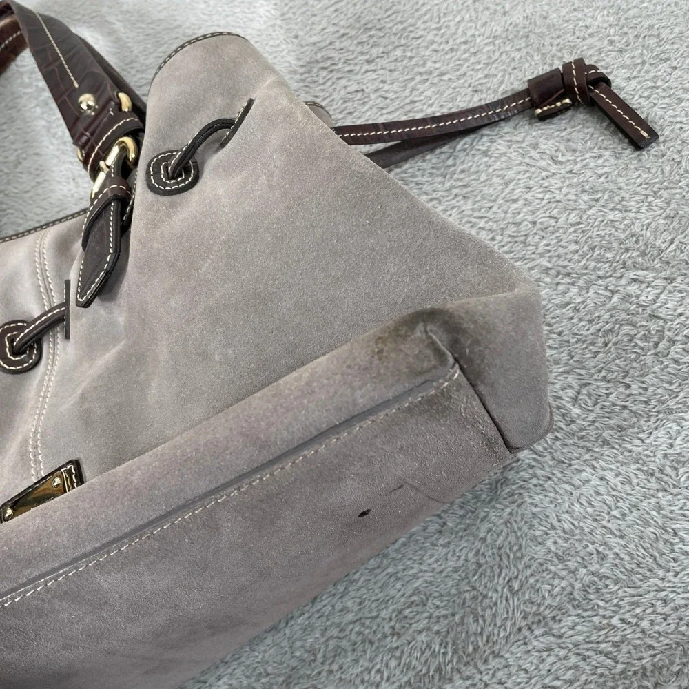 Dooney & Bourke Tote Bag Womens Gray Suede Brown Croc Leather Trim Buckle Hobo - Picture 2 of 13